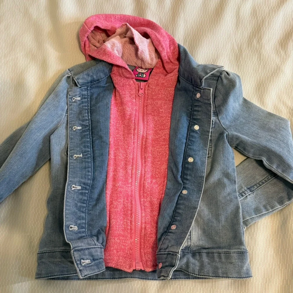 Hello Kitty Pink Embroidered Jean Denim Hooded Jacket Girl's Sz 6 Zip & Button